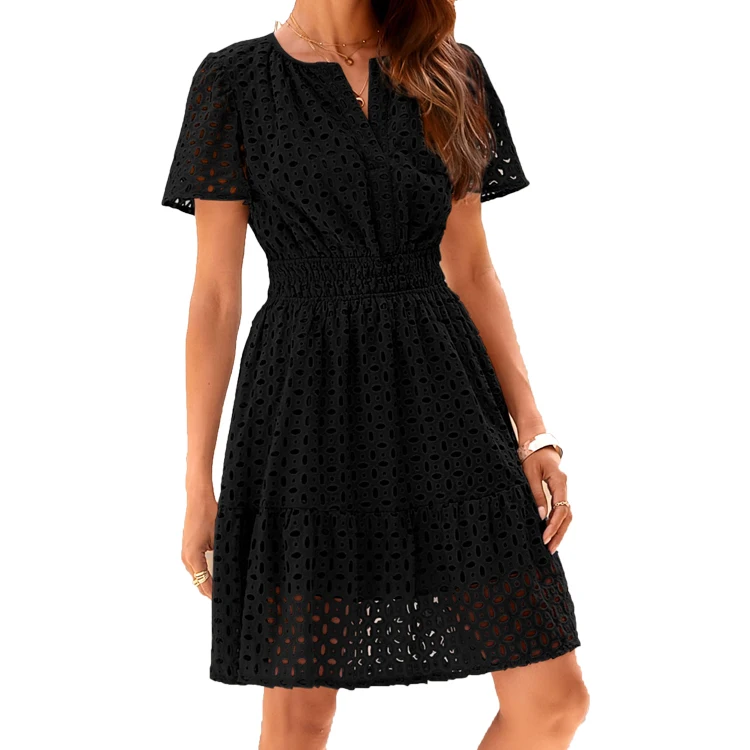 Womens Summer Short Dress V Neck Short Sleeve A Line Hollow Out Lace Ruffle Cute Casual Beach Party Dresses