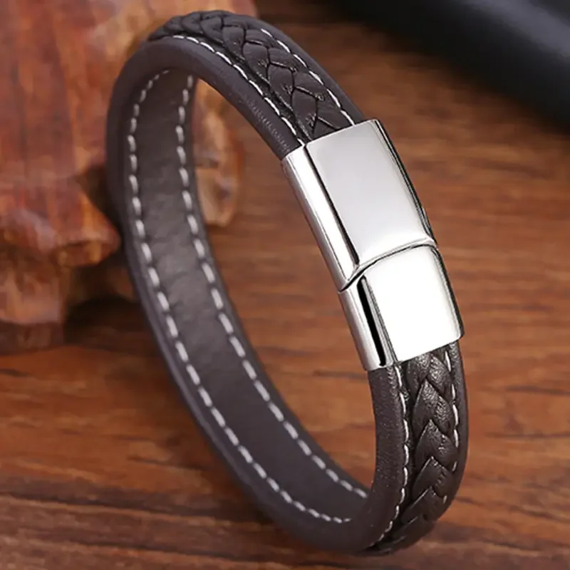 Luxury Hand-Woven Combination Stitching Stainless Steel Leather Bracelet Black Brown Genuine Leather Bangles Jewelry Gift OT-066