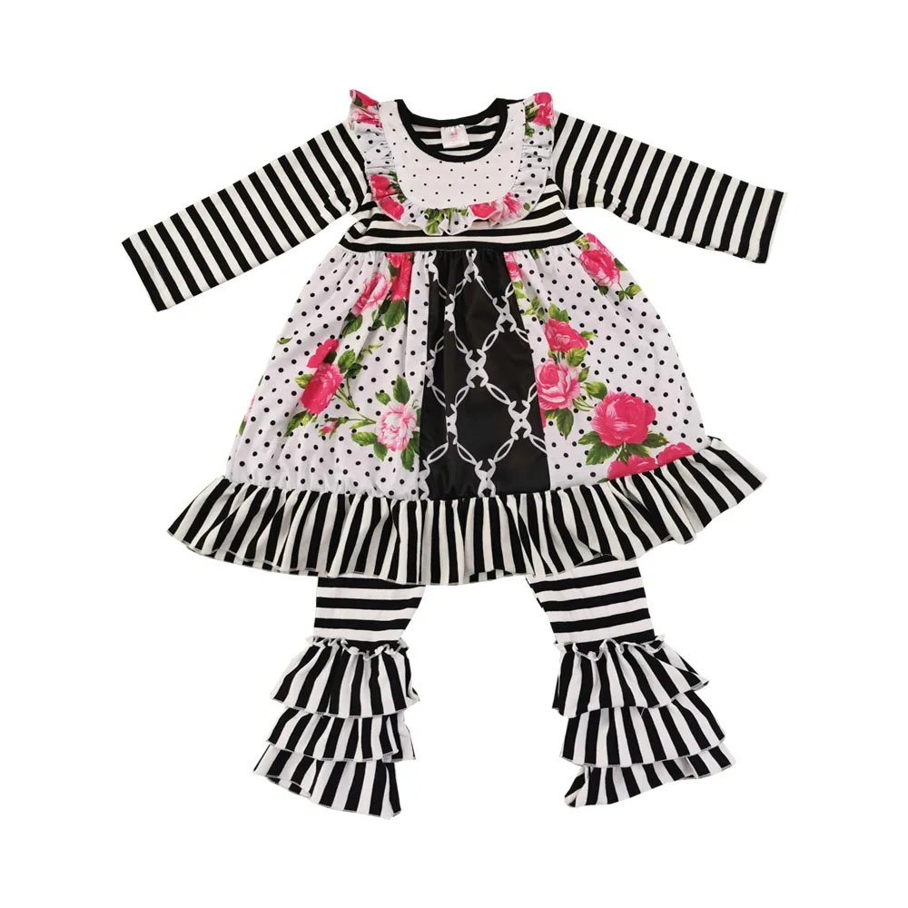 Hot sale baby girl boutique floral ruffle clothes set fall winter toddler girls outfits