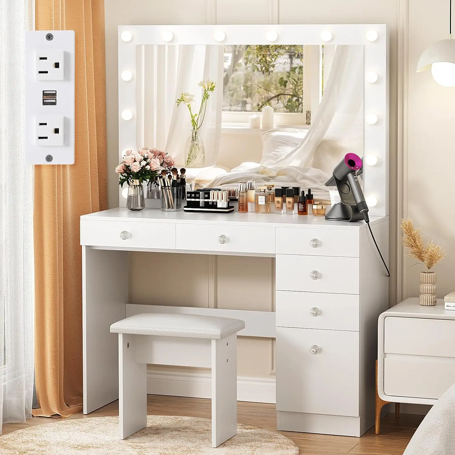 Modern Makeup Table Set MDF Wood Vanity Dressing Table with LED Light Standing Mirror Stool Feature Storage