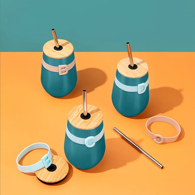 12OZ Insulated DW Stainless Steel Tumbler Double Wall Vacuum Tumbler Cup With Silicone band  Wine Mug Wood Lid