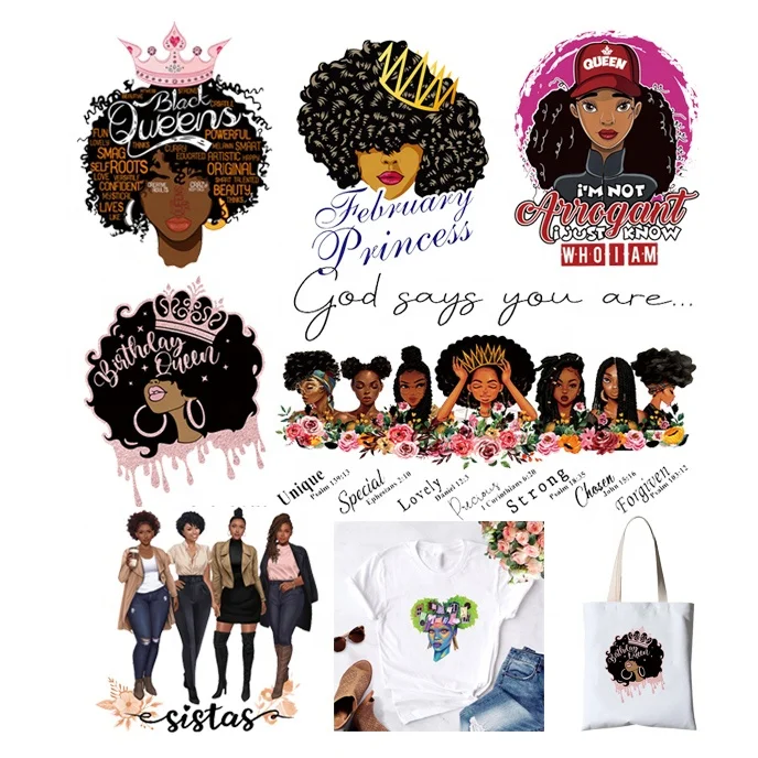 Custom Design Black Queen Afro Girl Printable Plastisol Heat Transfer Stickers For Clothes