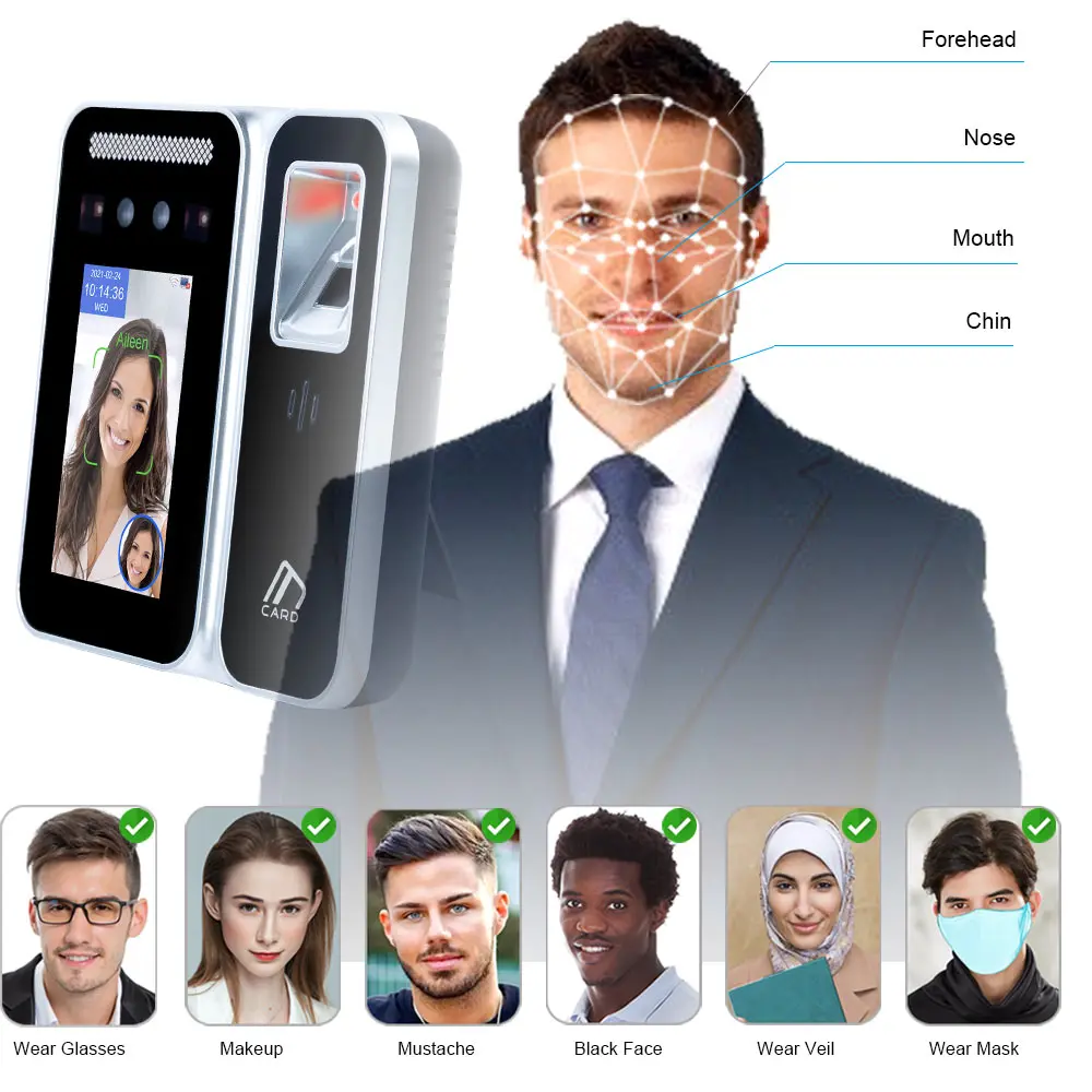 Live Face Detection Biometrics AI Face Time Attendance Machine Fingerprint Access Control System RFID Card With WiFi TCP/IP