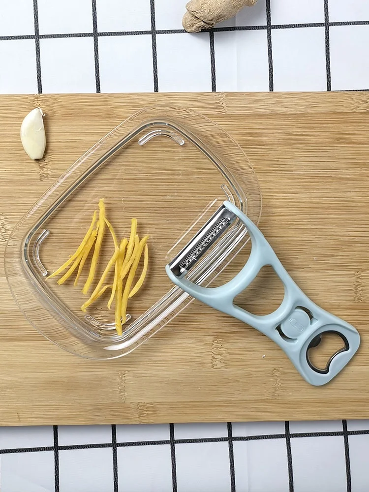 Portable custom manual blue multifunctional 4 in 1 vegetable fruit peeling opener stainless steel kitchen gadgets