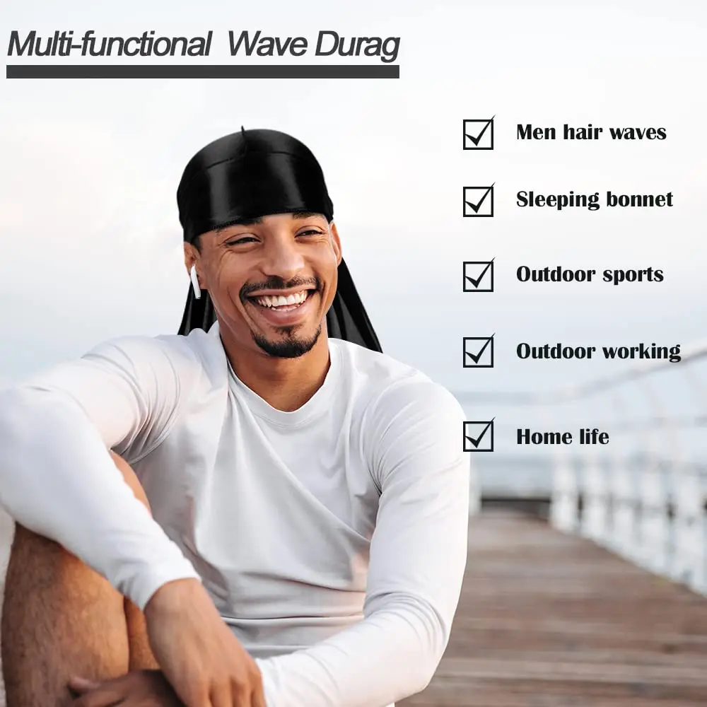 factory wholesale Durags Wavy Long Tail Headband Custom Printed Durags Stretchable Silk Durags