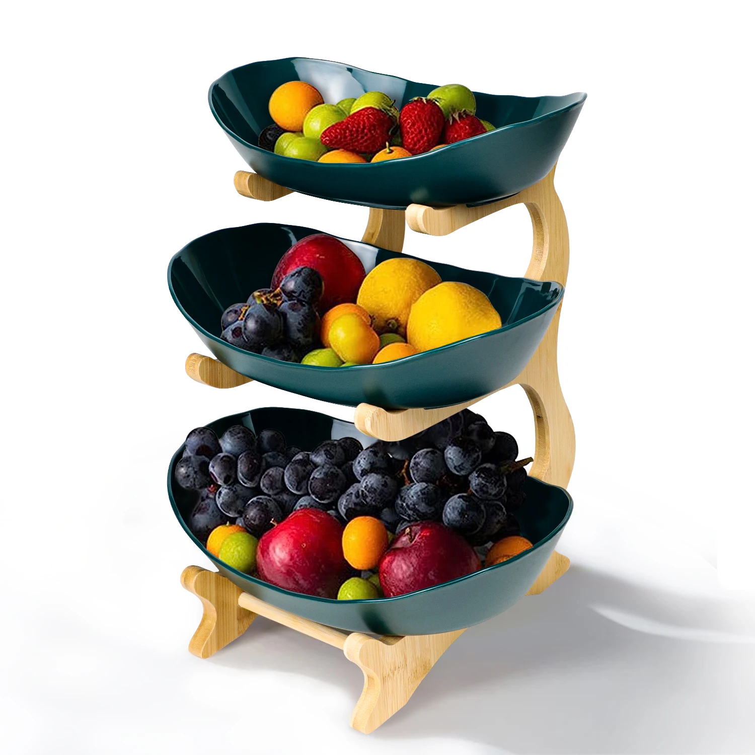3 Tier PP Fruit Bowl Bamboo Wood Stand Home Set for Kitchen Counter for Vegetable Storage,Snack Dessert Cake Tray Plate Rack