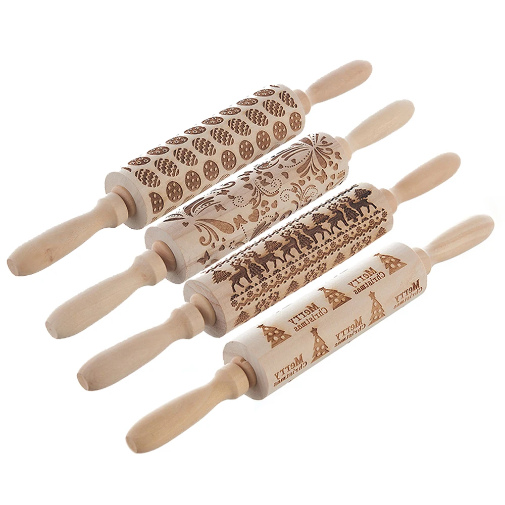 Wood Embossing Rolling Pin DIY Cookies Christmas Pattern 3D Engraved Rolling Pin