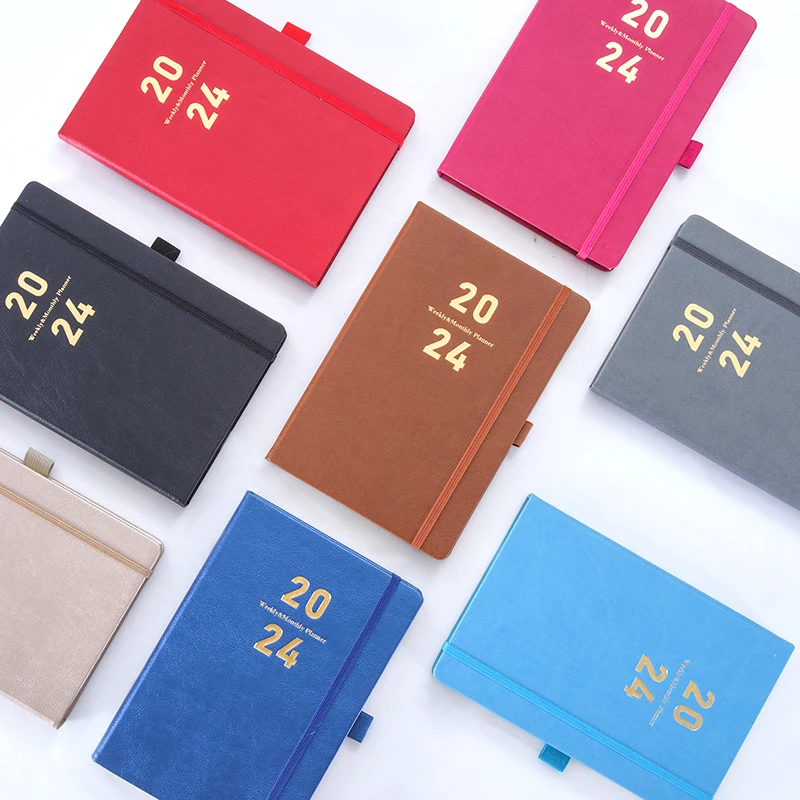 Custom Pu leather Monthly yearly Daily Diary Hardcover planner Organizer cover leather notebook set with pen