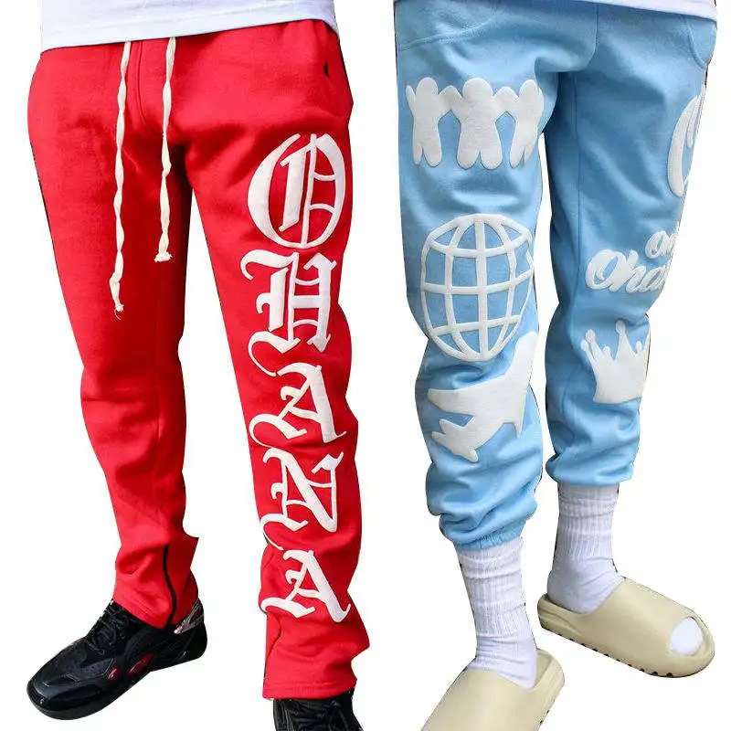 Custom Streetwear Mens Trousers Solid Jogger Sweatpants Custom Skeleton 3D Puff Print Stacked Flared Pants Men