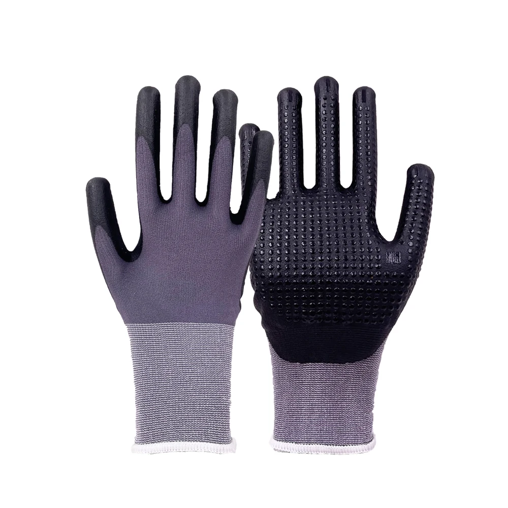 GLOVEMAN custom light oil waterproof industrial construction household safety work rubber nitrile coated dotted knitted gloves