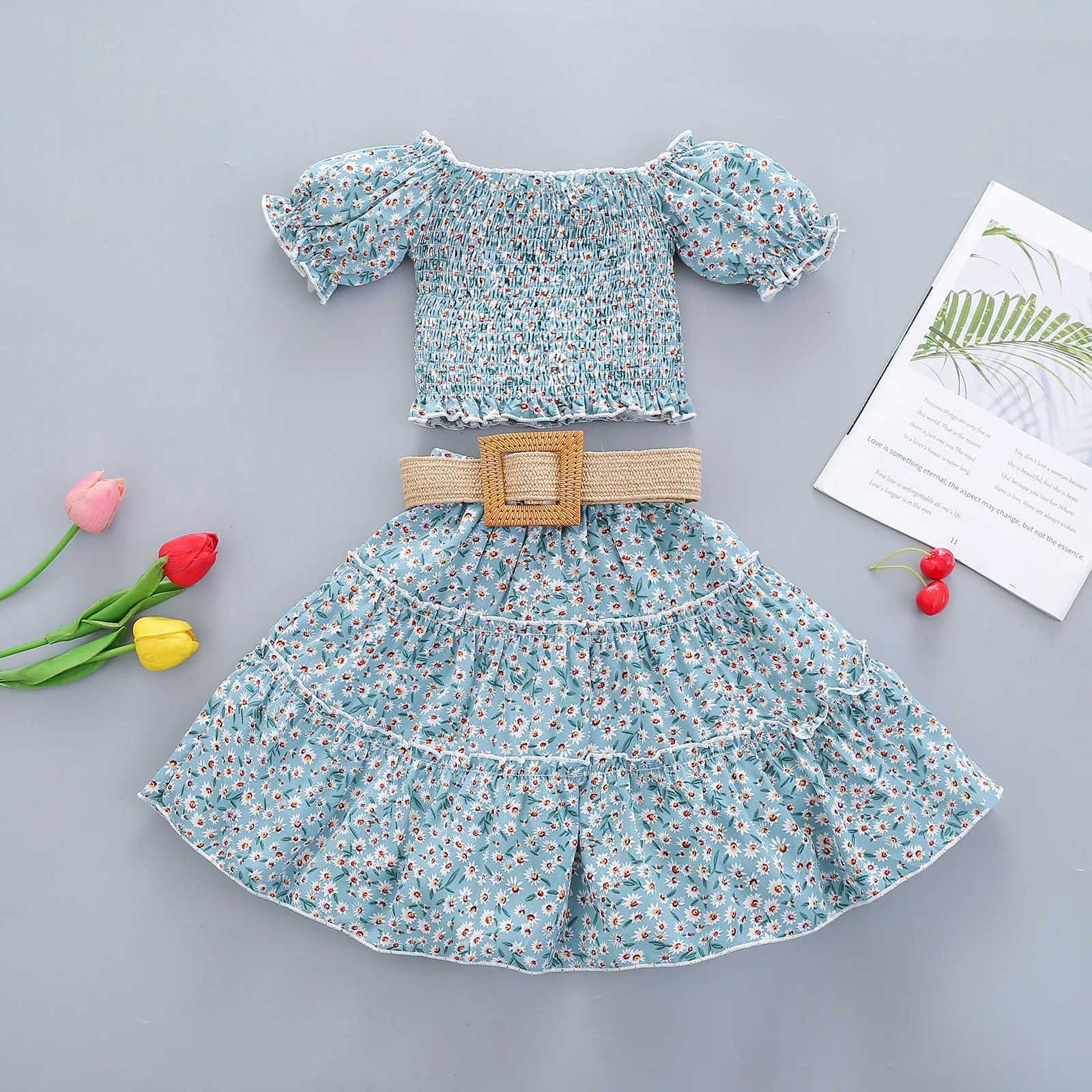 
5228 Kids Girls Clothing Summer Short sleeve Ruffle Floral Print T-shirt Print Skirt Dress Children Baby Clothes Outfits Set 