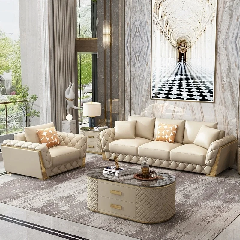 Luxury American Style Leather Couch Living Room Sofas For Home Hotel Metal Sofa Set