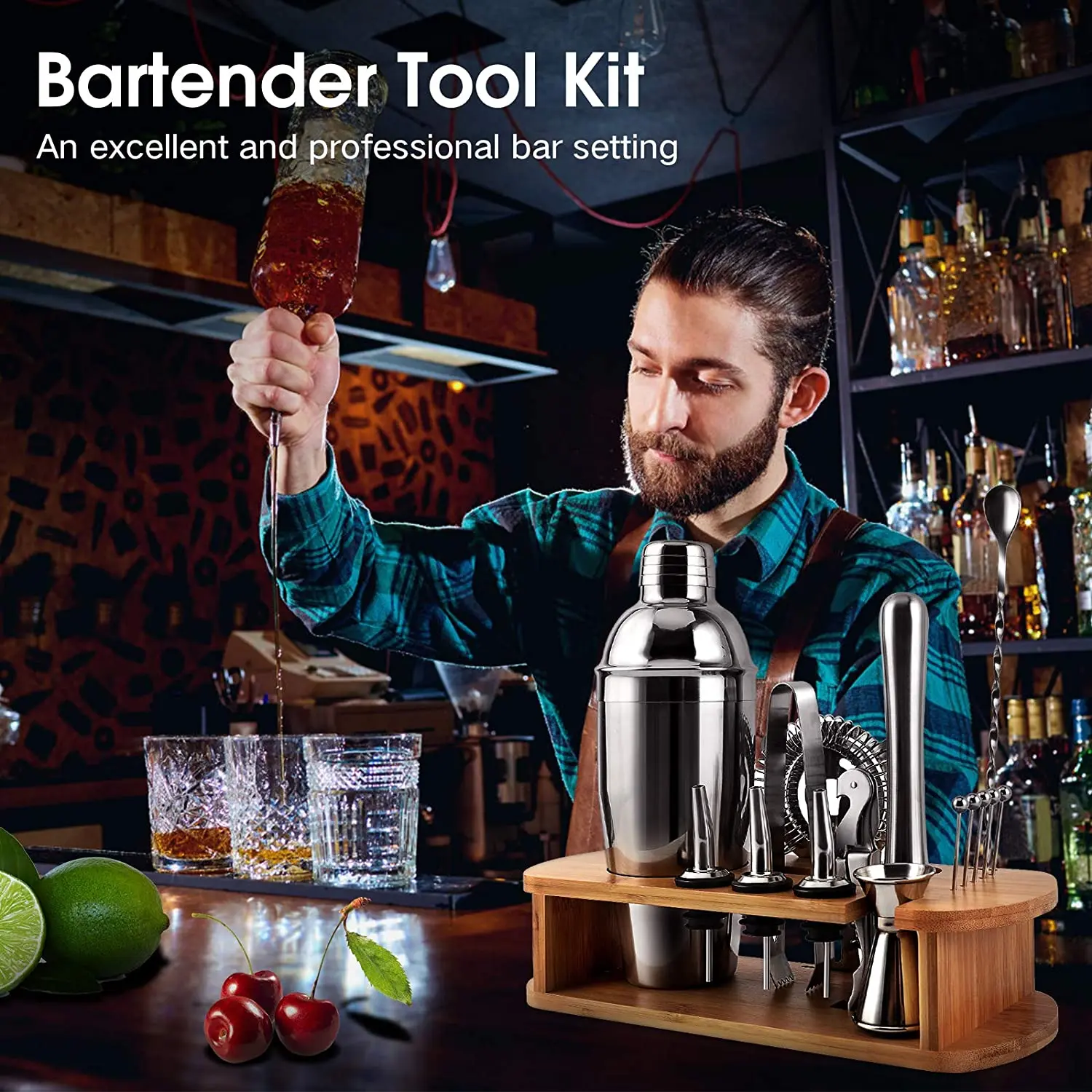 Mixology Bar Tools for Drink Mixing Bartender Kit 304 Stainless Steel Cocktail Shaker Set With Bamboo Wood Stand