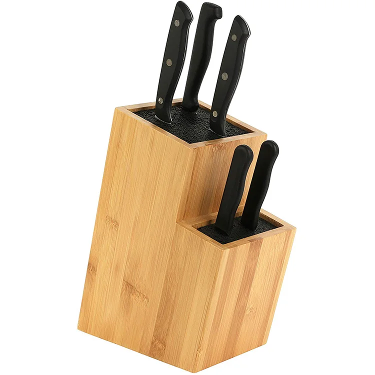 Two tier slot-less universal bamboo knife block holder with removable bristles