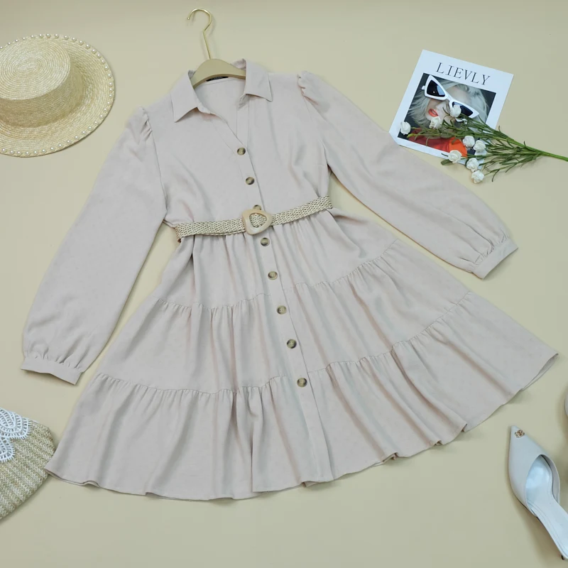 New summer lapel waistband button long sleeve solid color pleated waistband casual blouses blouse dresses