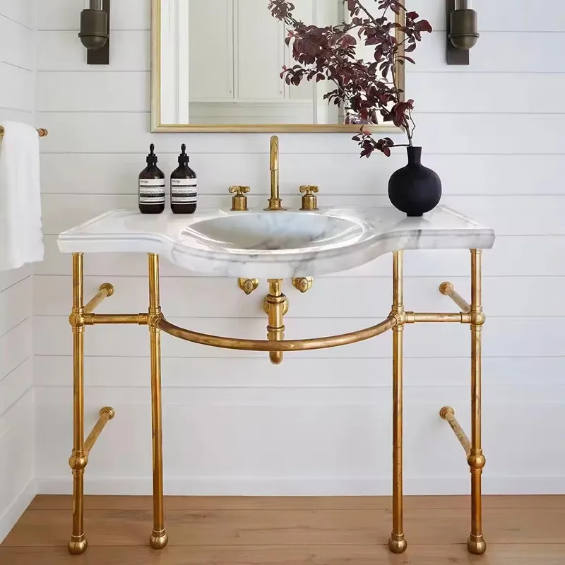 Natural White Marble Renaissance Vanity Bathroom Console Sinks with Antique Steel Sink Stand Leg