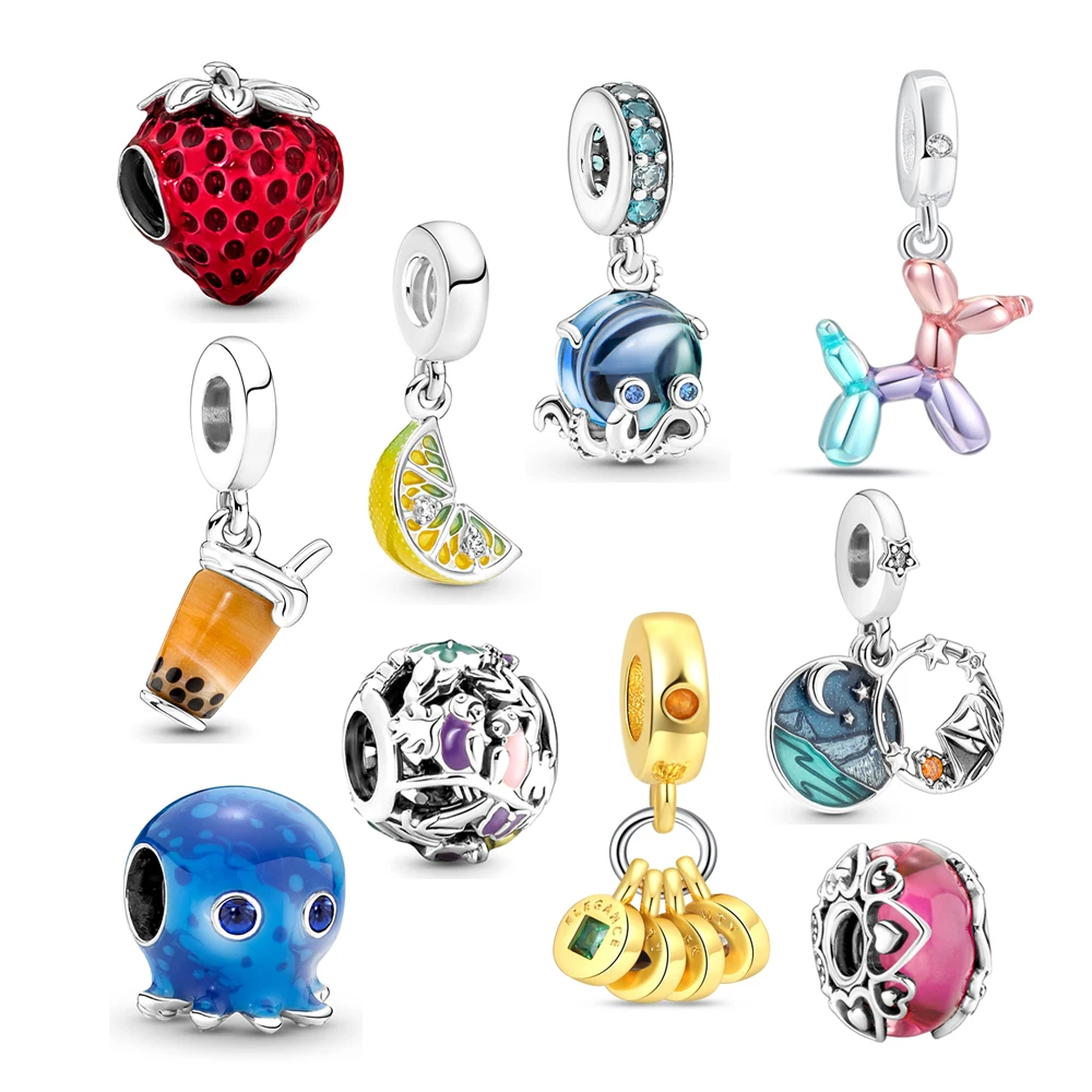 New S925 Sterling Silver charm Beads Strawberry Lemon Octopus Milk Tea Pendant Pan charm DIY Bracelet For women Jewelry gifts