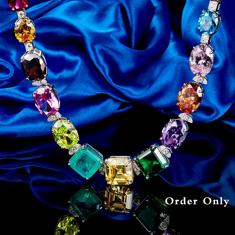 Colorful Cubic Zirconia Rainbow Tennis Necklace Sterling Silver Full CZ Diamond Choker Necklace