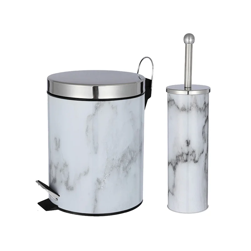 Marble Surface Bathroom Waste Bin set Metal Bathroom Dust Bin Hotel Garbage Container with Toilet Brush