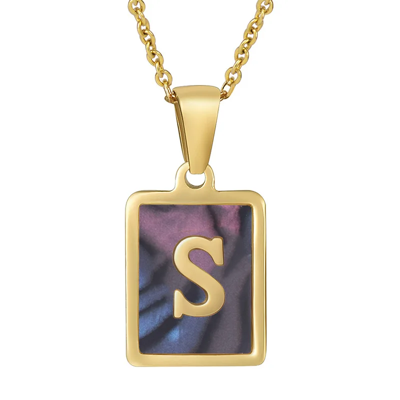 18k Gold  Stainless Steel A-Z Initial Letter Necklace Rectangle Natural Shell Initial Pendant Necklace