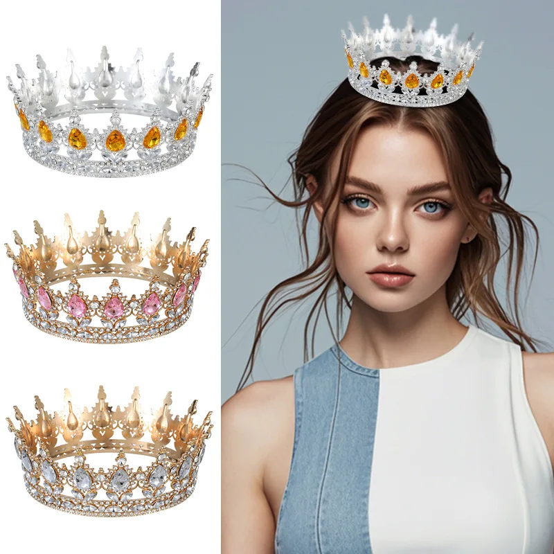 Wholesale  New Trendy Aulic Luxury Gold Diamond Wedding Crown Bridal Colorful Full Round Tiaras Wed Tiaras Crown