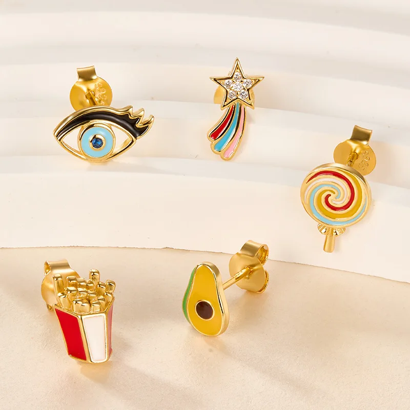 fashion 925 sterling silver French fries avocado eyes Rainbow Stars lollipop gold plated stud earring jewelry for women