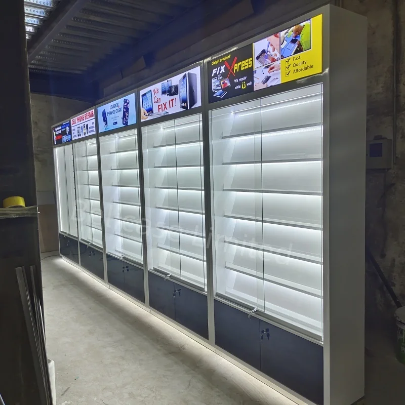 High Quality Mobile Store Repair and Accessories Showcase Fixture Cellphone Accessories Display Cabinet Stand with LED  Light