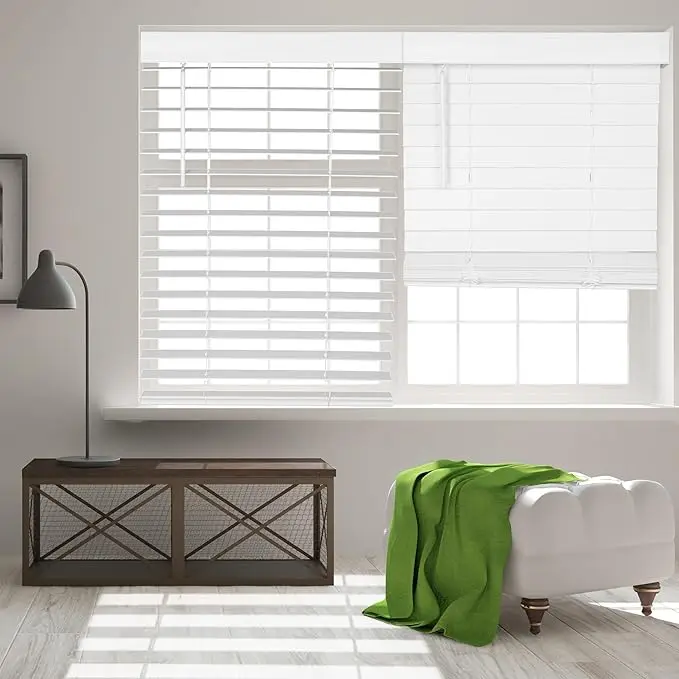 Cordless Flat Faux Wood Blind for Windows Custom Sizes Light Adjustment Bathroom Temporary Easy to Install