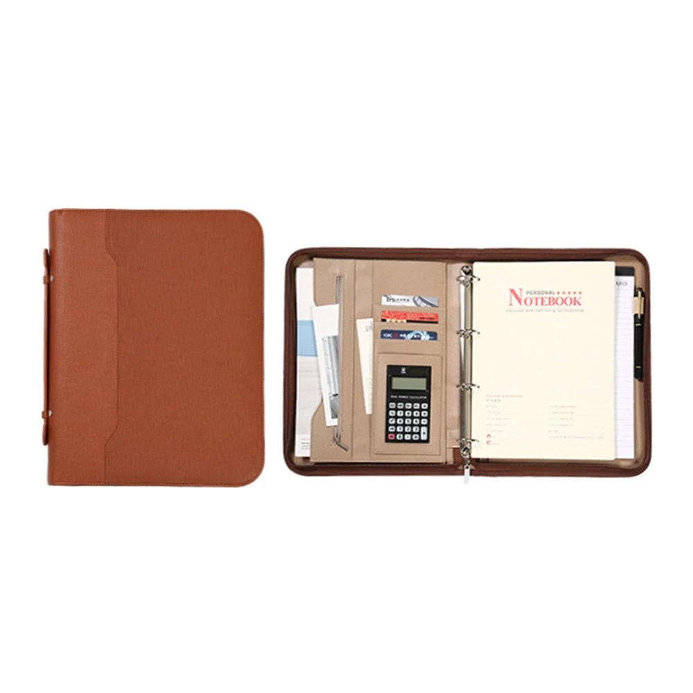 Customized A4 PU leather loose leaf Organizer zipper portfolio 4 Ring Binder file folder LOGO embossed document portfolio