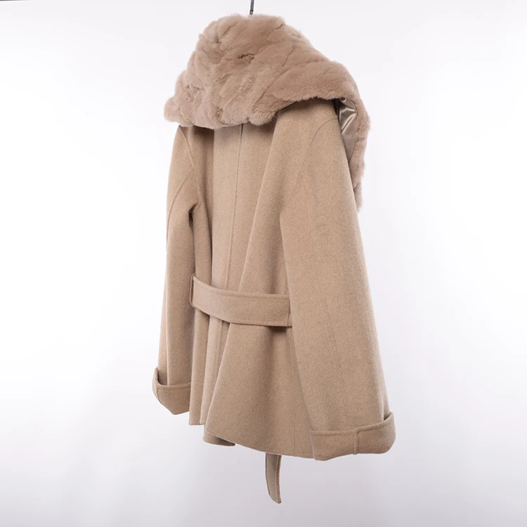 Factory wholesale JTF women rex rabbit jacket beige fur lapel handmade warm short wool coat