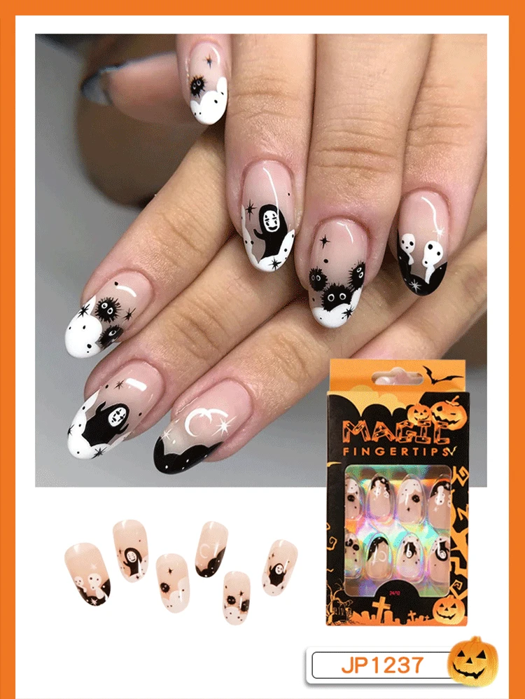 Wholesale 24 Tips Long Coffin Ghost Spider Web Press on Nails Art For Halloween Decoration