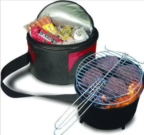 mini portable charcoal barbecue grill with cooler bag camping simple round bbq grilling basket bbq grills outdoor bbq kitchen