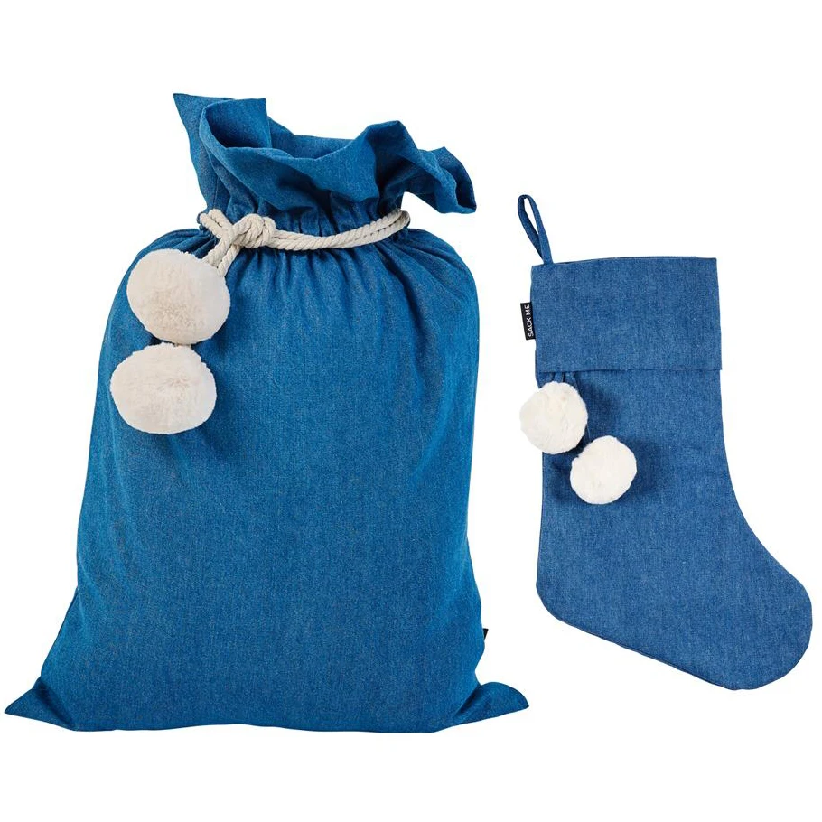 Christmas Decorations Canvas Drawstring Santa Sack with Pom Pom