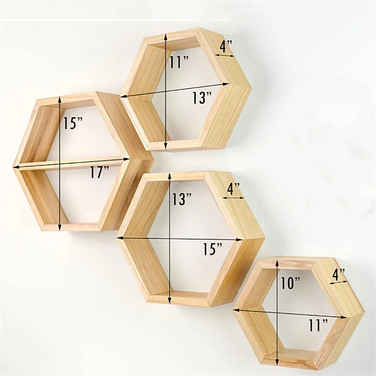 High quality extra large 4 pcs paulownia wood hexagon wall shelf honeycomb wooden floating shelves