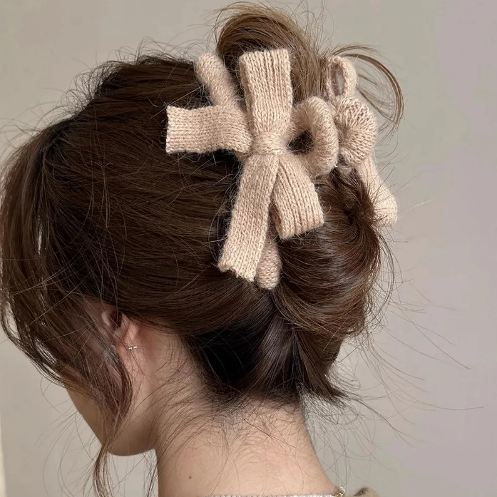 New Autumn And Winter Sweet Hair Accessories Back Head Shark Clip Knitted Bowknot Hair Claw For Women Bow Claw Clip