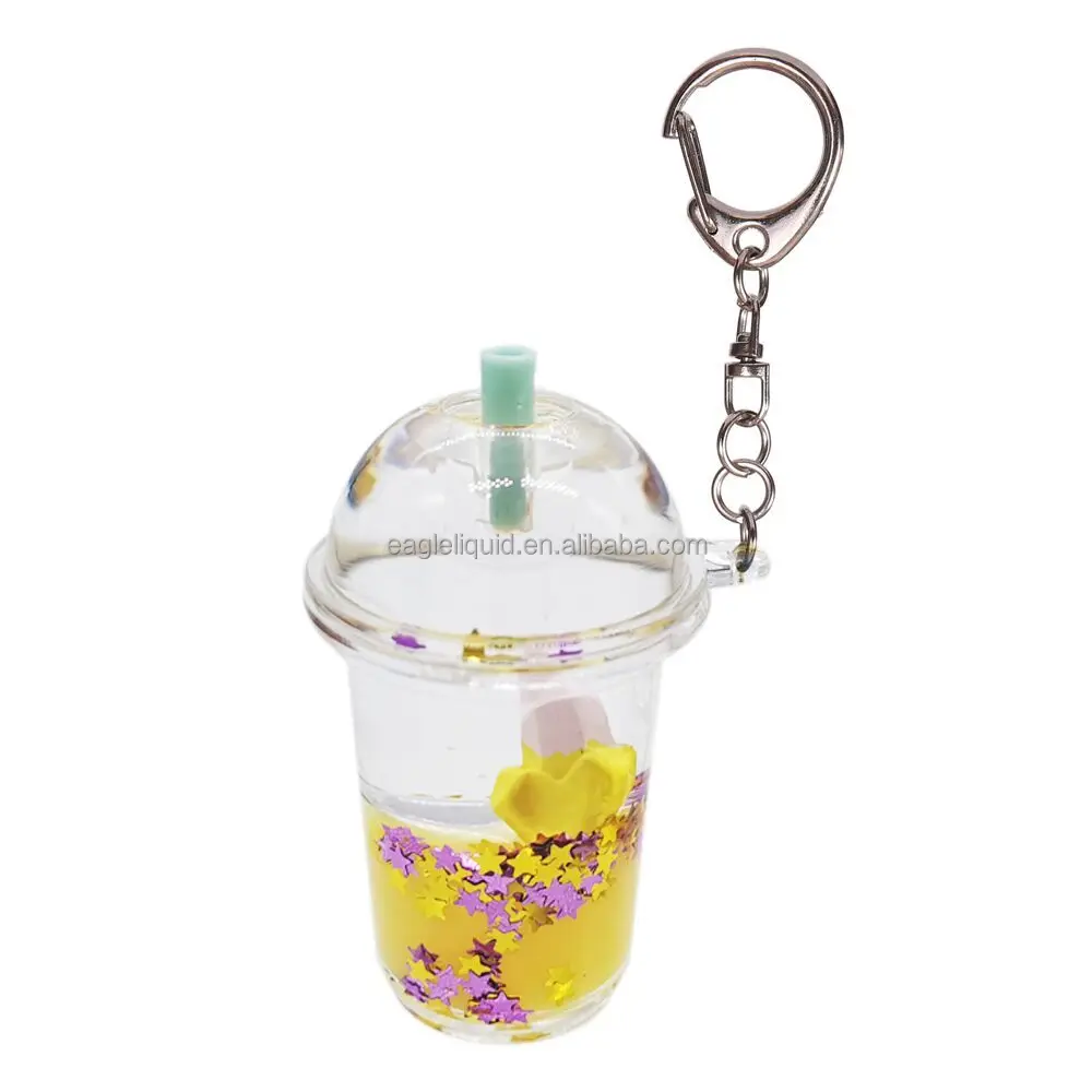 Wholesale acrylic keychains creative colorful floating fruit milk tea cup liquid acrylic shaker charm boba keychain