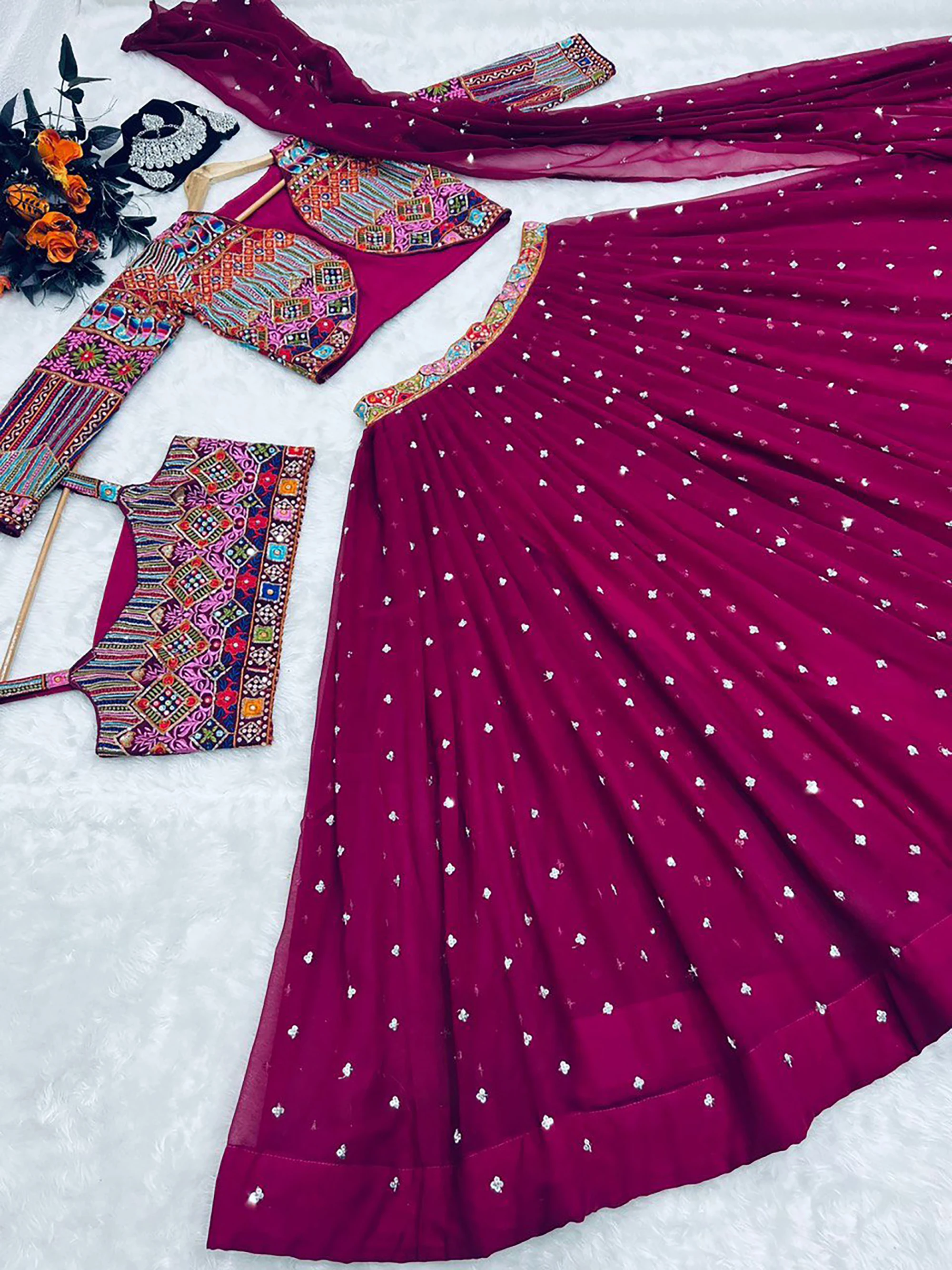 Readymade Indian Fox Georgette Embroidery Sequence Work And Printed Lehnga Choli With Dupatta, Party Wear Beautiful Dress