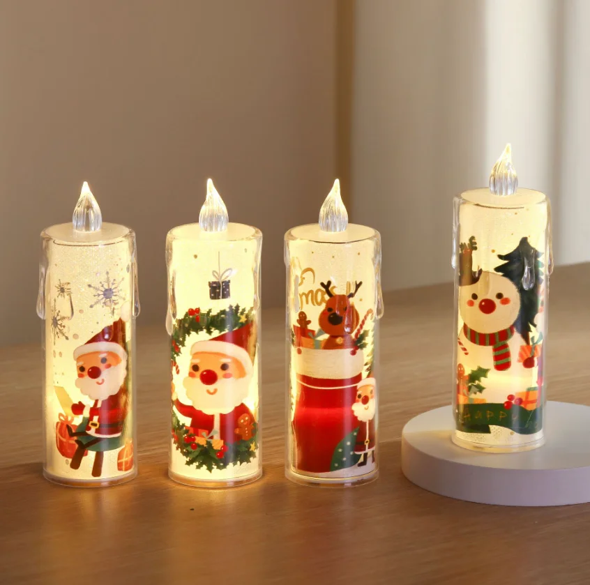 Christmas Flameless Candle Santa Claus Snowman Decals Battery Operated Xmas Themed LED Candles Festival Holiday Decorations