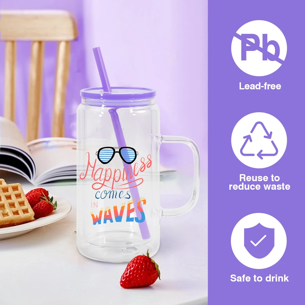 sublimation handle glass jar 16oz double wall glass tumbler with Colorful lid snow globe glass can with pre-drilled hole