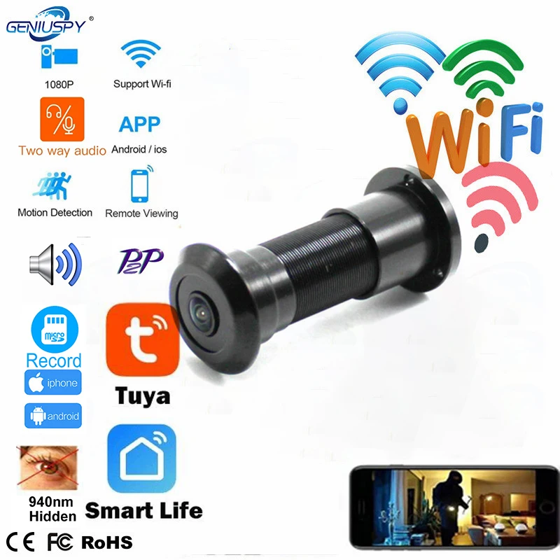 1080P Tuya Smart Life Door Eye Hole Home Apartment Security  Wifi Camera Door SD Card Recording IR Night Vision