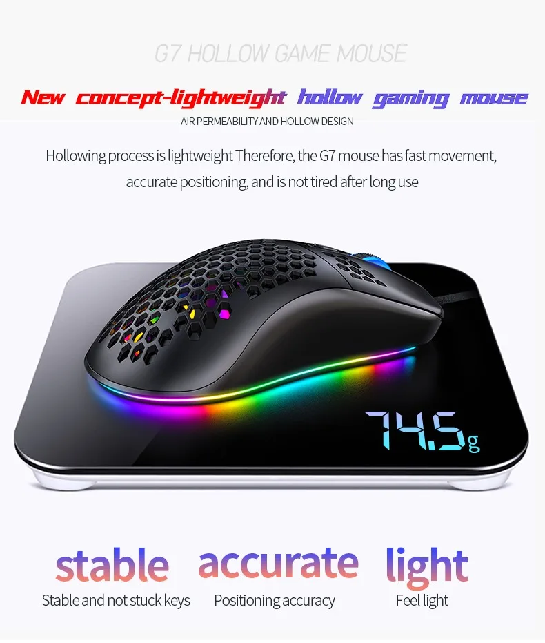 Amazons hot G7 74g light weight RGB gaming mouse 7D buttons touch wired Esports mouse mini mouse