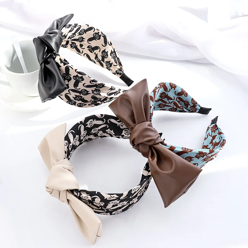 
Осень и зима, новинка, модный принт, ткань, аксессуары для волос, популярный хит продаж, элегантная Милая повязка на голову с кожаным бантом 