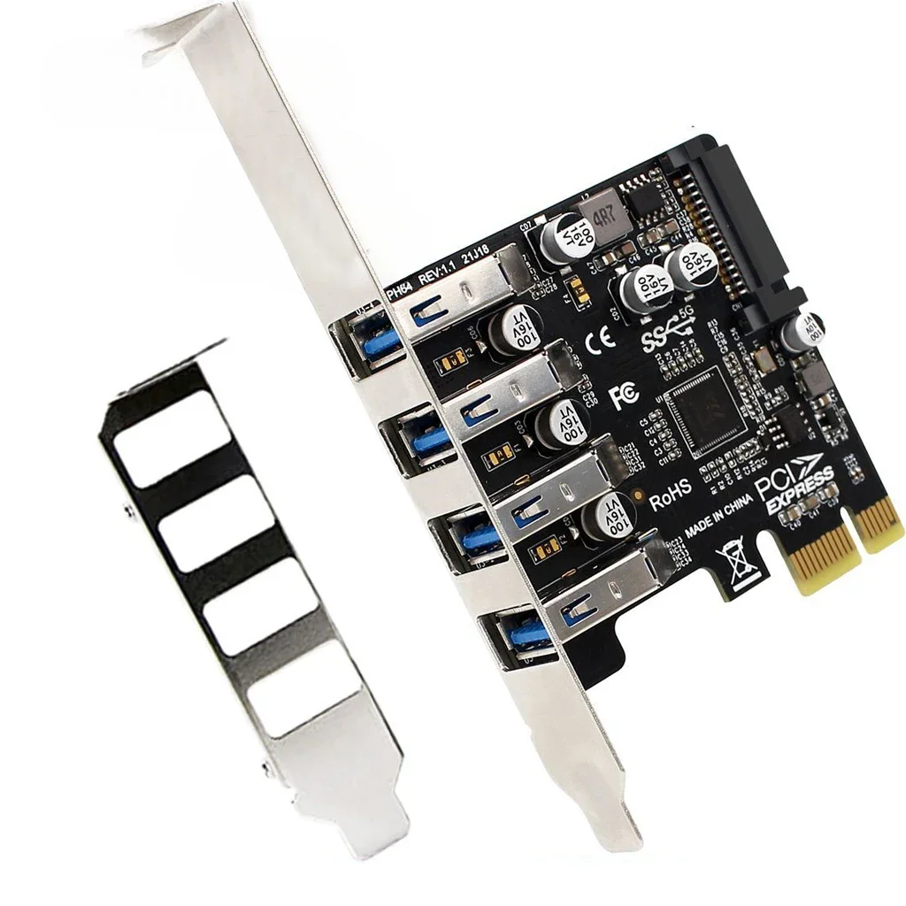 FEICHAO 5Gbps PCI Express Expansion Card Controllers Adapter PCIe to 4Port USB3.0 HUB+SATA 15Pin Power for 2U/4U Case PC Desktop