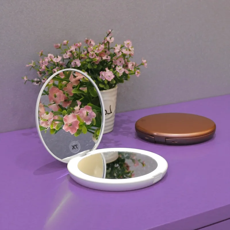 Promotional Custom Cute Round Rechargeable USB Mini Size Hand Cosmetic Led Pocket Mirror With Light