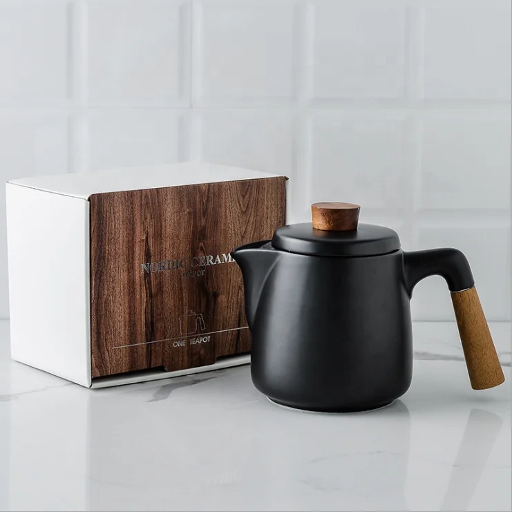Modern Ceramic Teapot With Acacia Wooden Handle White Black Teapot Ceramic withGift Box