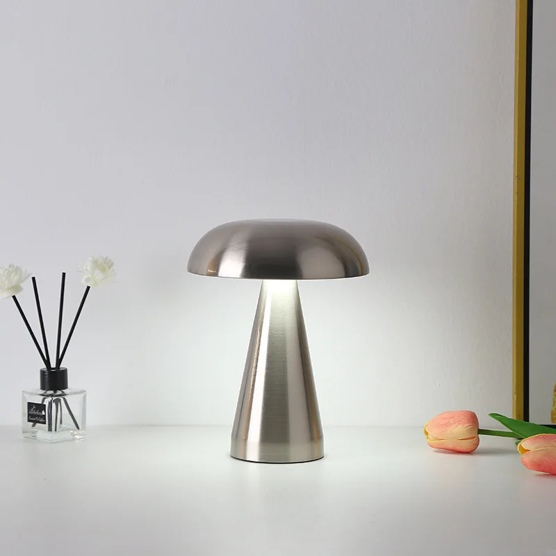 Silver-Three-Color Stainless Steel Charging Table Lamp Small Mushroom Design with USB Charging Capability