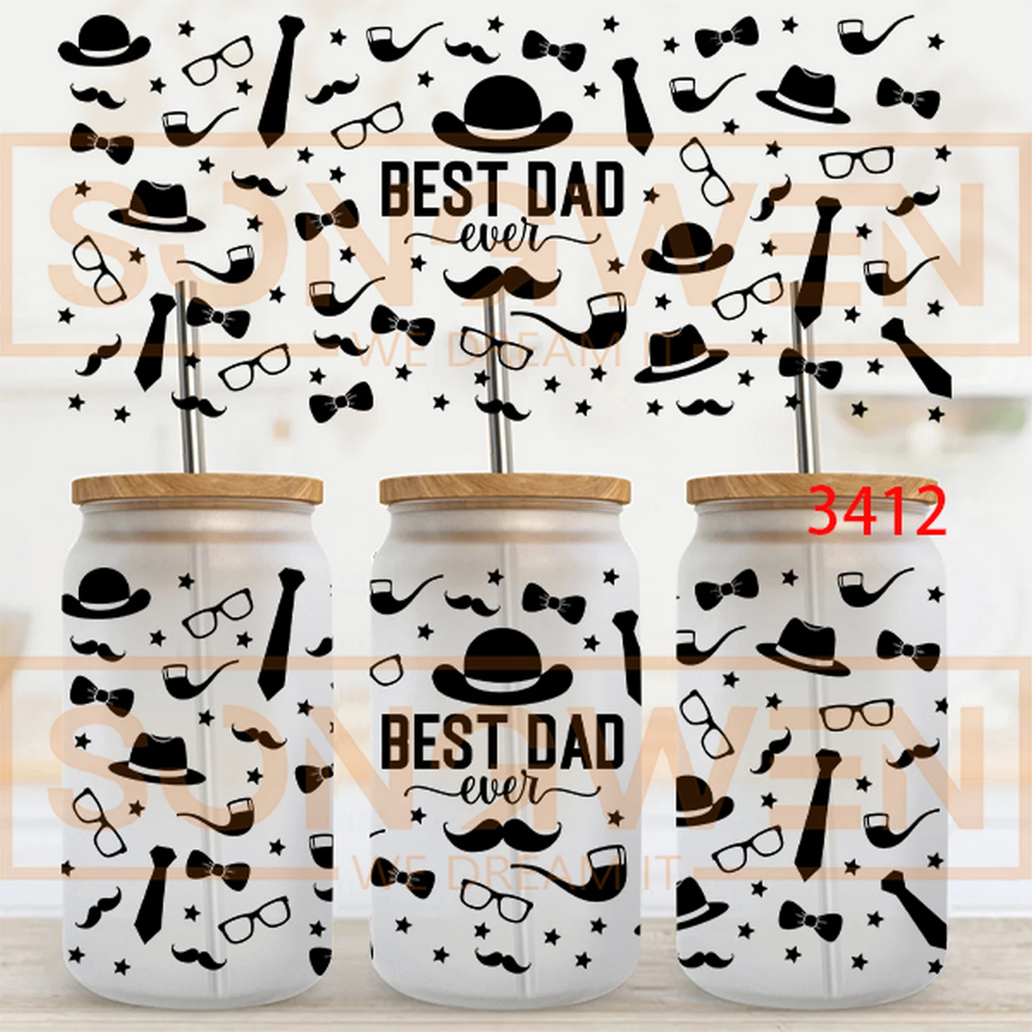 Fathers Day DIY Libby Glass Waterproof 3D UV DTF Cup Wrap Label Transfers Stickers For 16oz Cup Tumbler Mug Can Bottle Wrap