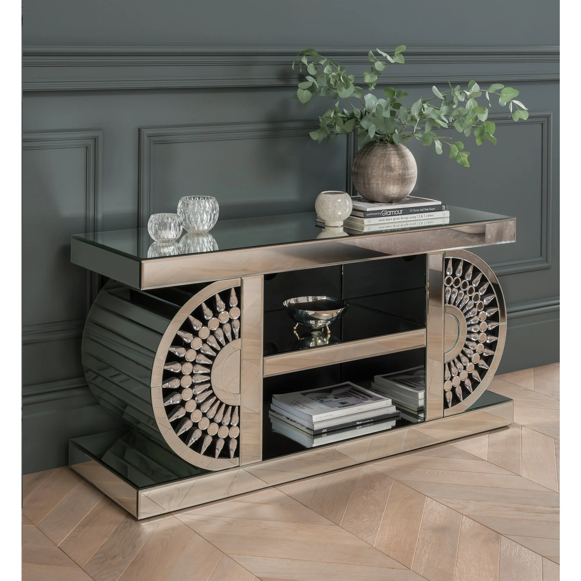 Luxury Modern home hotel round wall crystal mirror with console table for living room