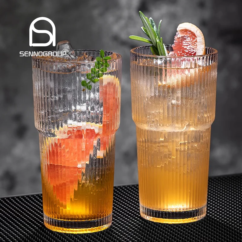 Wholesale Large Capacity Drinking Glass Tumbler Stackable Ribbed Coke Coffee Cup Striped Cocktail Water Glasses