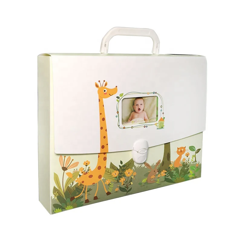 Customized Printed Letter Size Plastic Handle Document Wallet Baby Growth Memory Record Briefcase Paperwork Organizer